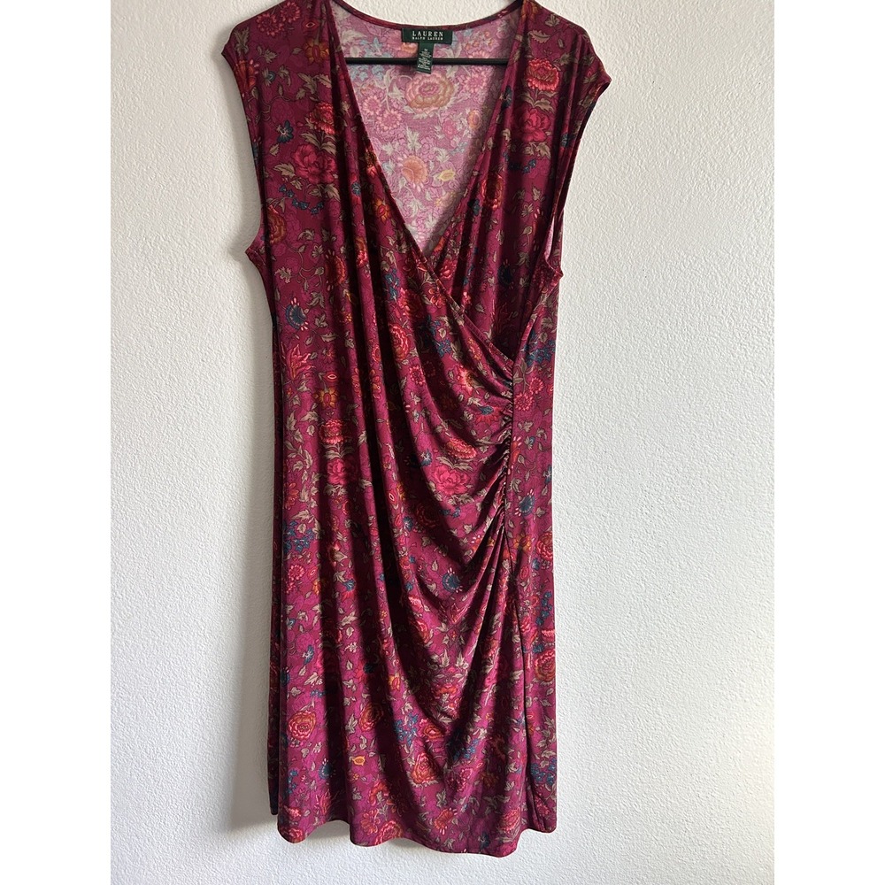 Lauren Ralph Green Label Floral Asian Dress Raspberry Sz 1X Spring Church Dress